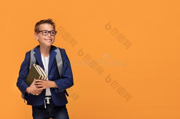 小的学校男孩和背包和书.