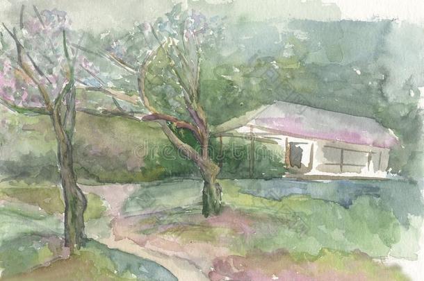 风景和树和房屋,水彩绘画