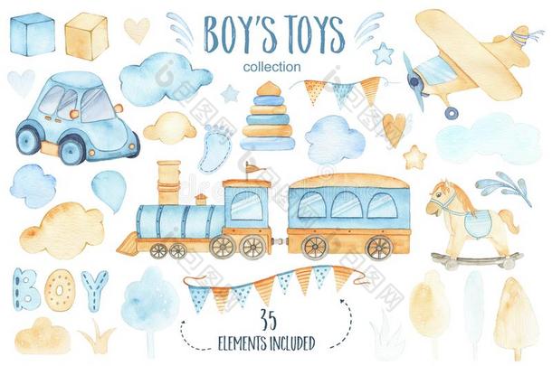 水彩男孩玩具婴儿阵雨放置和汽车飞机火车长嘴硬鳞鱼