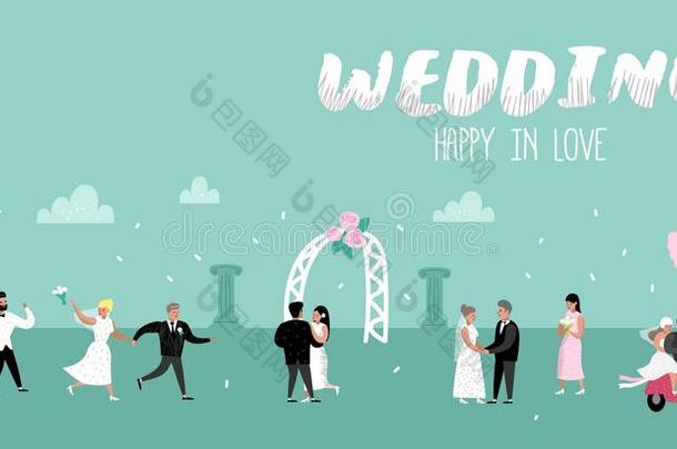 婚礼人漫画新娘和使整洁字符海报卡片.
