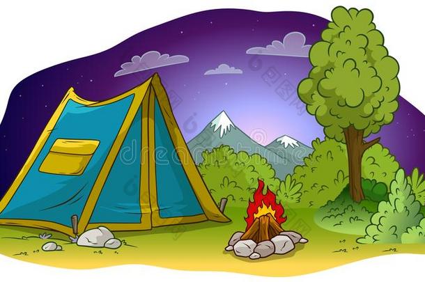漫画野营帐篷和营火向草草地