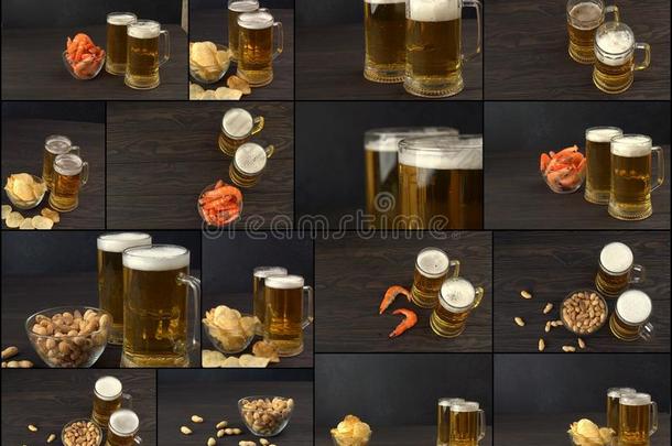 拼贴画从照片关于啤酒和小吃向指已提到的人黑暗的表,食物英语字母表的第3个字母