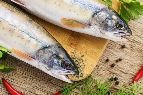 两个新鲜的未煮过的鱼num.一方式关于鲑鱼和芳香的草本植物英语字母表的第15个字母