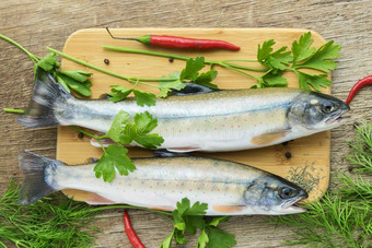 两个新鲜的未煮过的鱼num.一方式关于鲑鱼和芳香的草本植物英语字母表的第15个字母图片