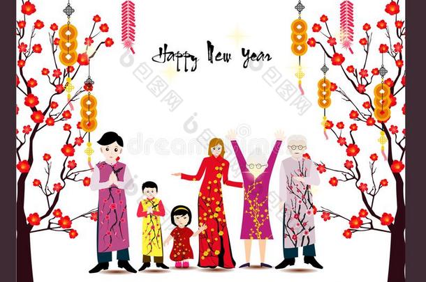 幸福的中国人新的年和幸福的家庭和长的衣服.