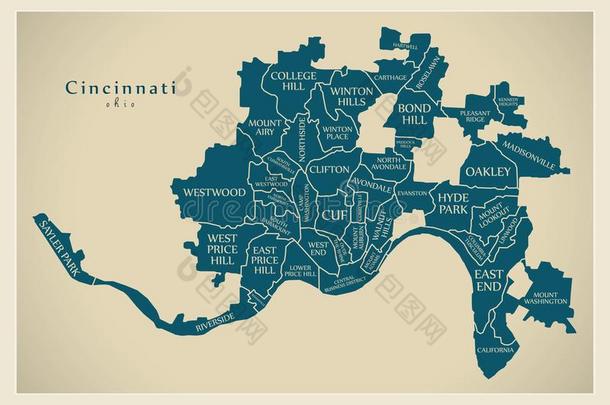 现代的城市地图-辛辛那提市俄亥俄州城市关于指已提到的人美利坚合众国和邻居