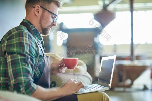 男人使用便携式电脑采用咖啡豆烘焙<strong>工坊</strong>