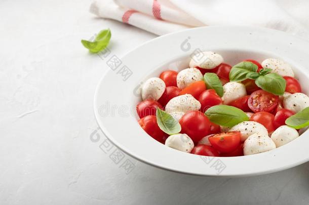 白色的盘子关于典型的美味的红白小碟沙拉和成熟的番茄