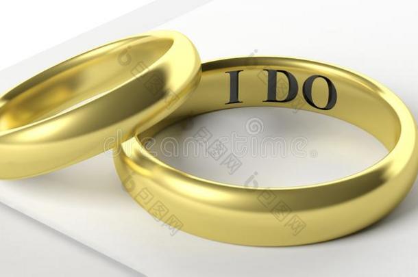 一副关于金色的婚礼戒指隔离的向白色的背景,我aux.构成疑问句和否定句