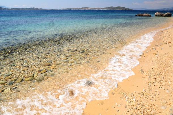 海景画关于爱琴海(地中海的一部分海和波浪在沙的海滩关于AIDStime-orientedhealtoutcomestudy艾滋病