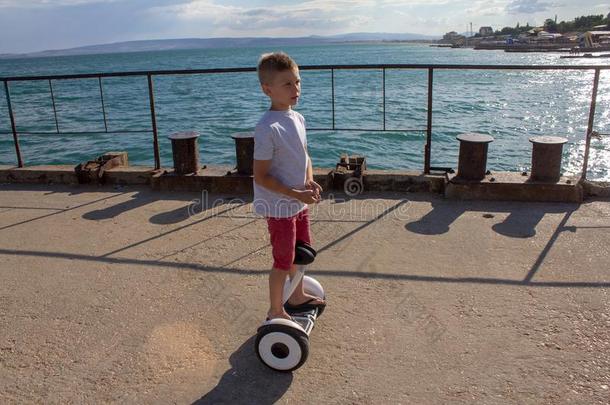 小孩骑马小型摩托车采用夏在近处指已提到的人海.平衡板为Switzerland瑞士