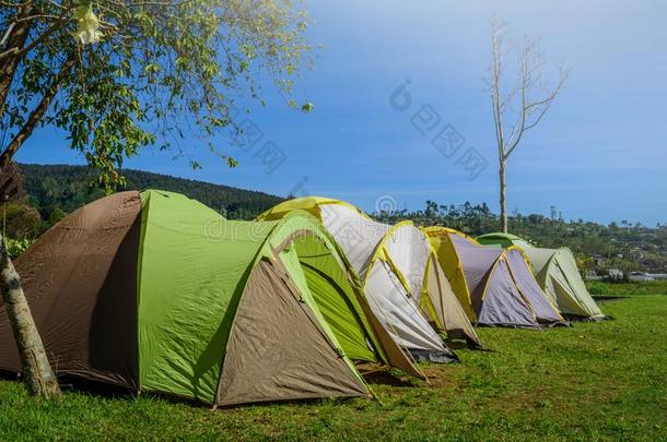 黄色的和绿色的野营帐篷向草在近处山河采用=moment