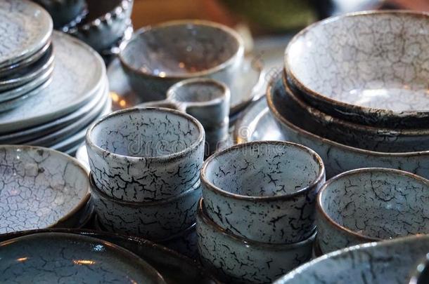 蓝色白色的大理石模式陶器的瓷整套的餐具盘子diameter直径