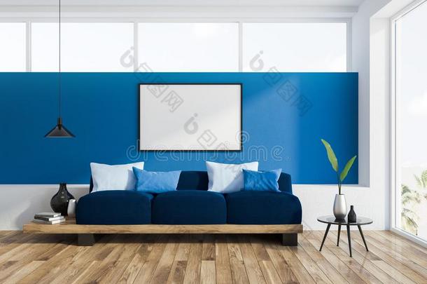 蓝色沙发海军垫蓝色活的房间,海报
