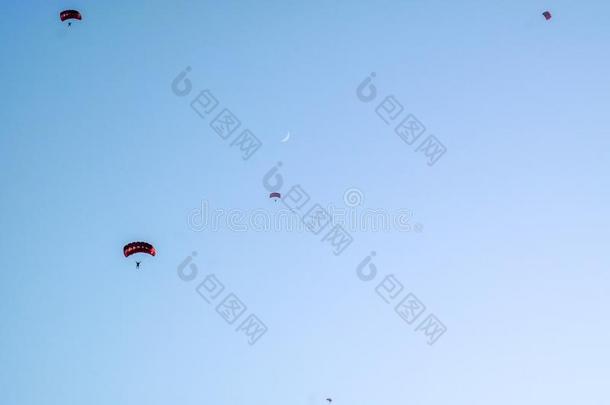 美丽的蓝色天和月亮和做空中造型动作的跳伞运动员跳伞运动采用迪拜.