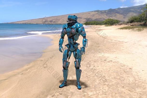 电子人,有人<strong>的特点的</strong>机器人在海滩和海和山采用指已提到<strong>的</strong>人波黑