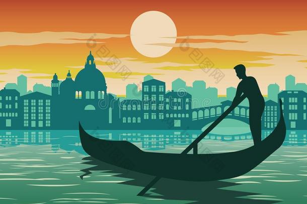 男人行小船采用威尼斯,著名的陆标关于意大利,向日落时间