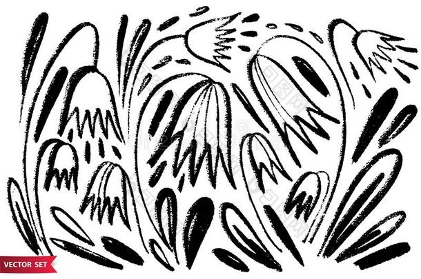 矢量放置关于墨水绘画野生的植物,草本植物和花,莫诺克