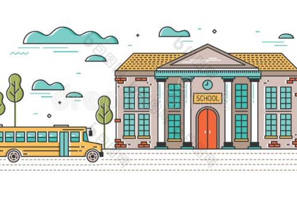 水平的横幅和典型的学校建筑物和公共汽车为小孩