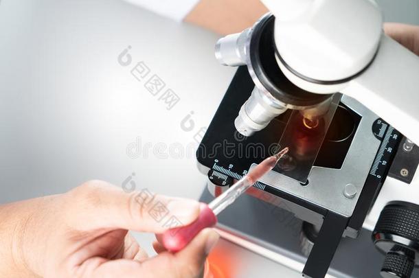 手关于年幼的亚洲人男人和白色的显微镜采用科学劳动