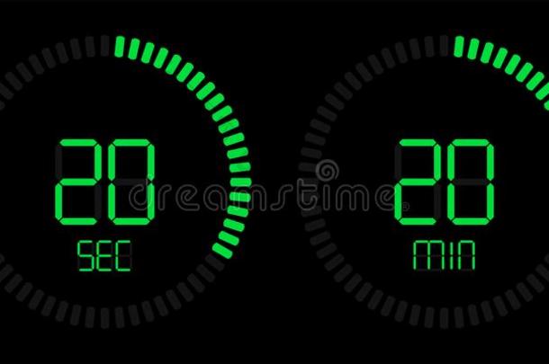 秒表定时器矢量数字的绿色的倒数读秒