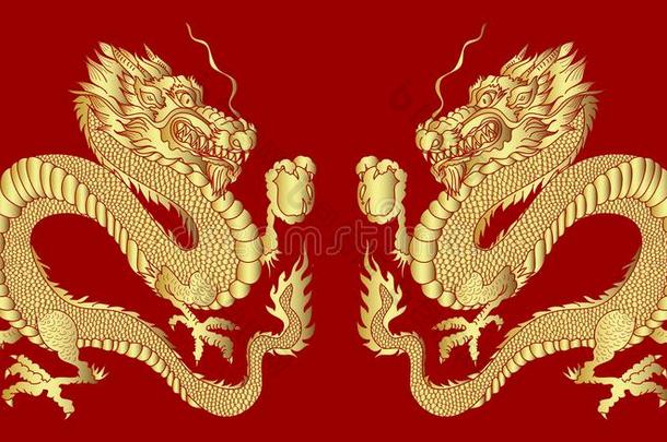金色的龙向红色的背景为中国人新的年.金沿脊骨切开