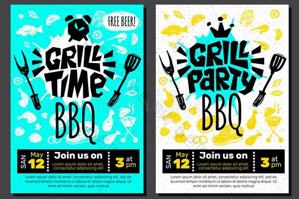 烧烤社交聚会时间barbecue吃烤烧肉的野餐食物海报.烧烤ed食物,肉鱼植物