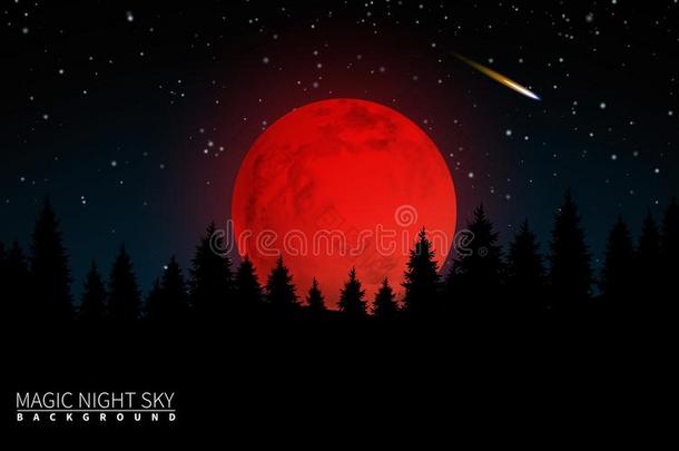 黑暗的森林和大的红色的月亮.矢量说明现代的后座议员