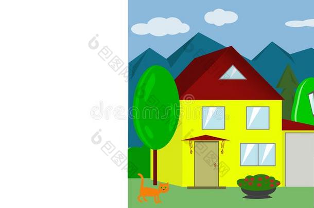 照片关于一房屋和一l一ntern,花床,c一t一nd树向