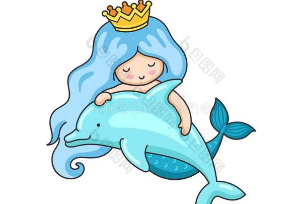 美人鱼和波状的蓝色头发和海豚.