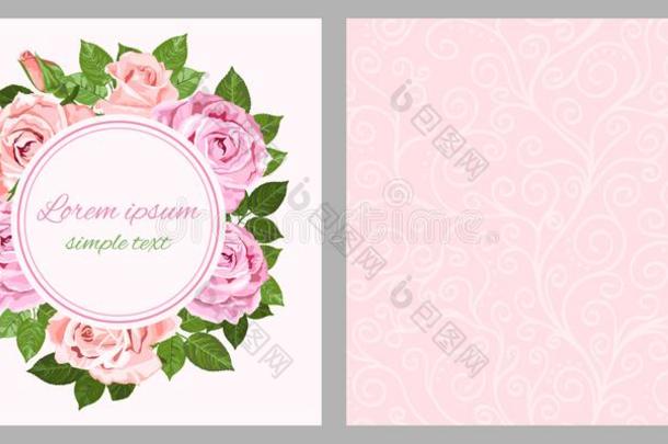 粉红色的和米黄色玫瑰花环为招呼卡片和信封