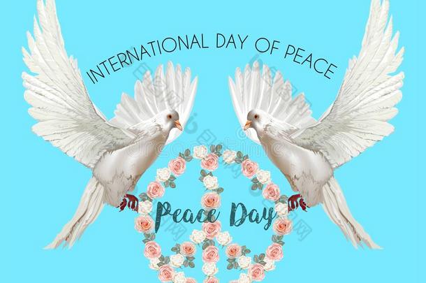 国际的一天关于和平,鸽子和玫瑰采用和平符号沙普