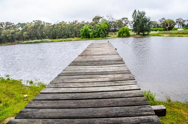 木材用木板铺成的小道在近处水池塘和乡下的风景.
