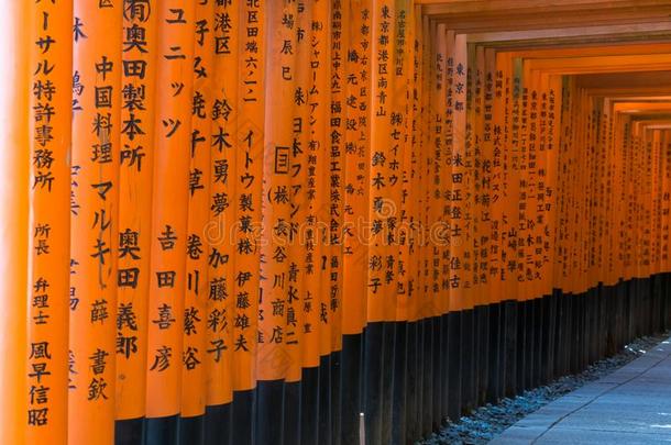 红色的牌坊门在福希米伊纳里圣地采用京都,黑色亮漆
