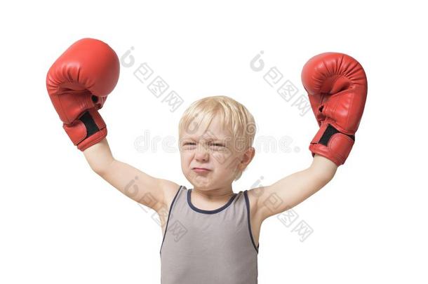 有趣的亚麻色的男孩采用红色的box采用g拳击手套.有关运动的观念.使隔离
