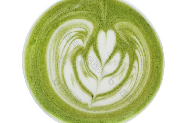 顶看法关于热的日本抹茶绿色的茶水拿铁咖啡艺术起泡沫隔离的向极少的量