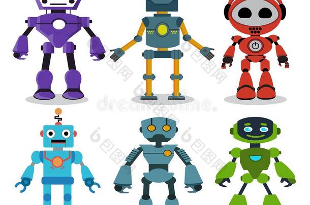 机器人玩具矢量漫画字符放置和现代的和朋友