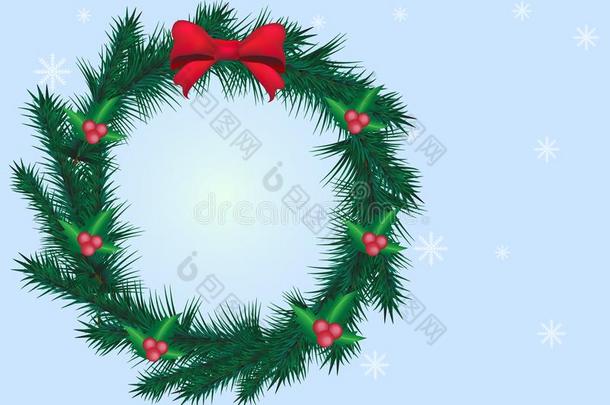圣诞节松树花环装饰和雪花蓝色背地里