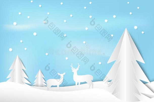 鹿和松树树和雪纸艺术方式,圣诞节后台