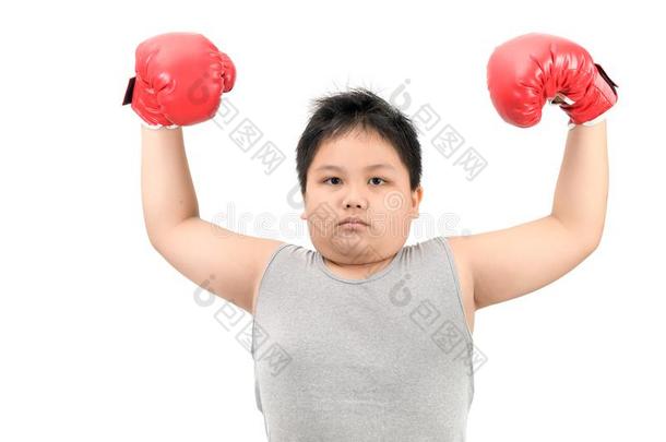 极为肥胖的小孩拳击给看肌肉隔离的