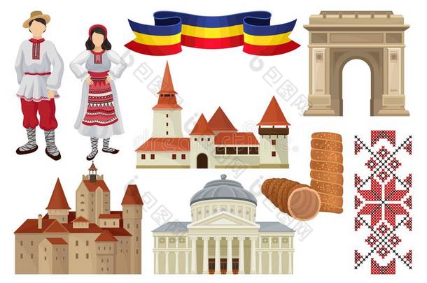 平的矢量放置关于<strong>文化</strong>的象征关于罗马尼亚.食物,在历史上重要的一