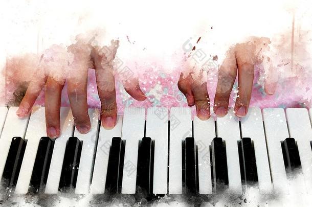 抽象的美丽的手演奏键盘关于指已提到的人钢琴