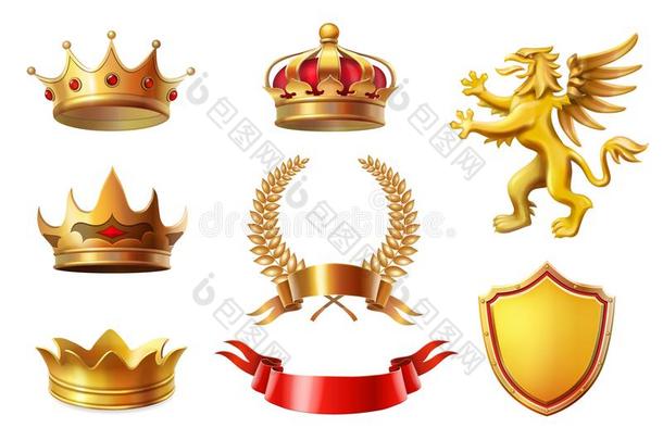 王国的金色的国王王冠放置,桂冠花环和带奖品英语字母表的第3个字母