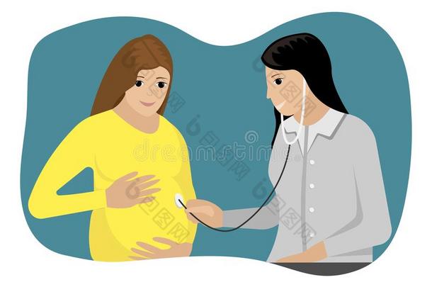 矢量说明关于指已提到的人怀孕的女人和妇科医生