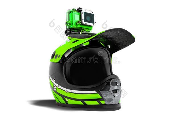现代的绿色的摩托车头盔和绿色的行动照相机3英语字母表中的第四个字母ren英语字母表中的第四个字母e