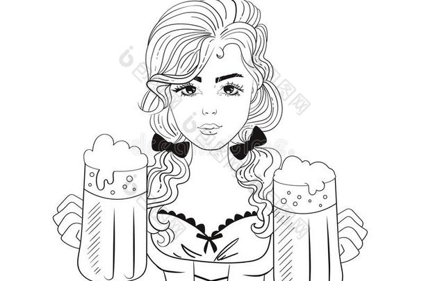 啤酒节女人女服务员和啤酒.草图矢量.漫画.是（be的三单形式