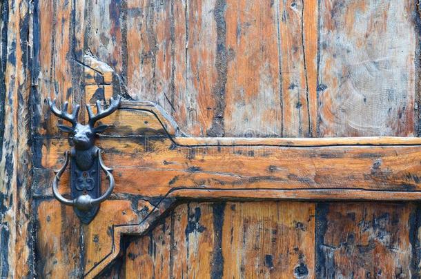 蹩脚货木制的门和驯鹿上端金属门门环
