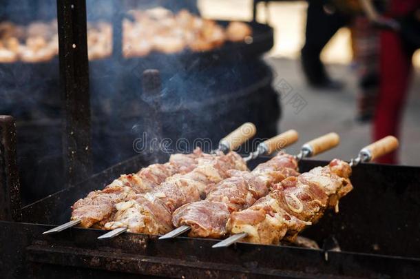 美味的barbecue吃烤烧肉的野餐烤腌羊肉串烧烤向敞开的烧烤,户外的厨房.folio编页码