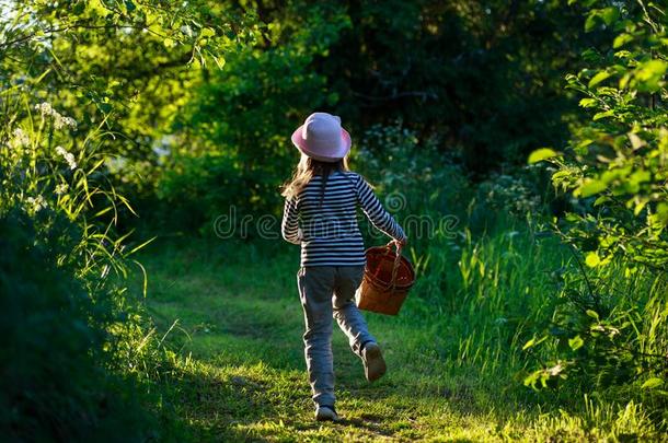 年幼的女孩步行向一p一th通过绿色的森林c一rrying一b一sk