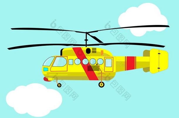 黄色的直升机飞行的采用指已提到的人天